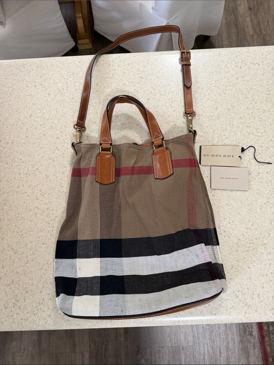 Burberry Handbags - Burberry Beige Check Canvas Tote with Brown Leather Trim and Black/White Accents